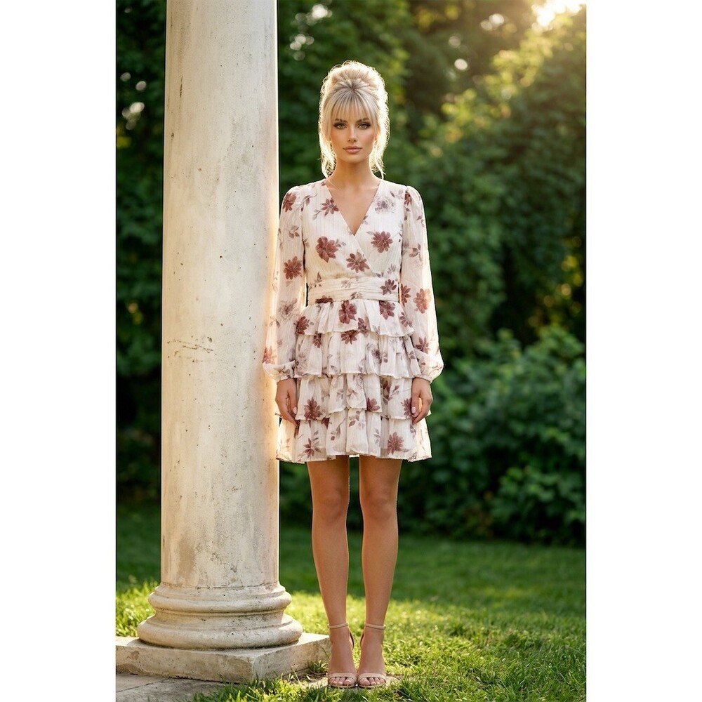 In February Dress Womens M Ivory Floral Tiered Ruffle Mini V-Neck romantic nwt